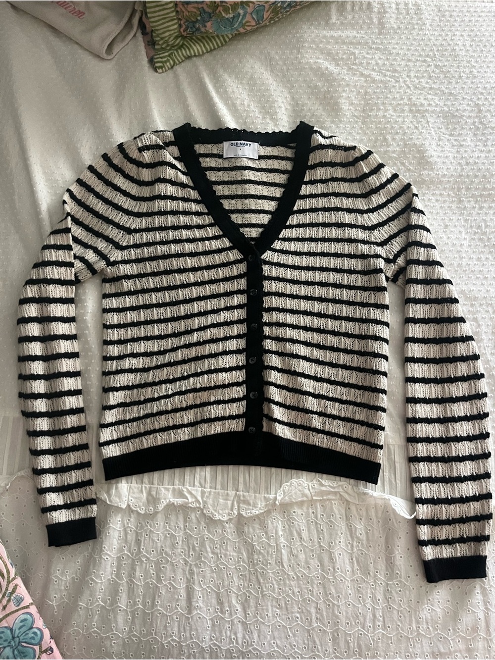 Old Navy Black and Cream Striped V-Neck Cardigan